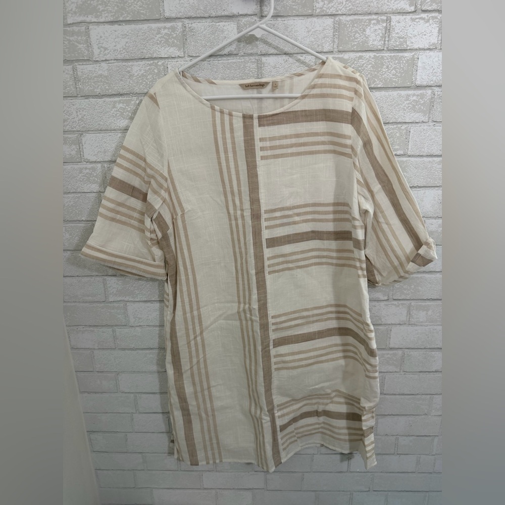 Soft Surroundings Shift Dress Size L Cottagecore Cotton Linen White Beige #3063